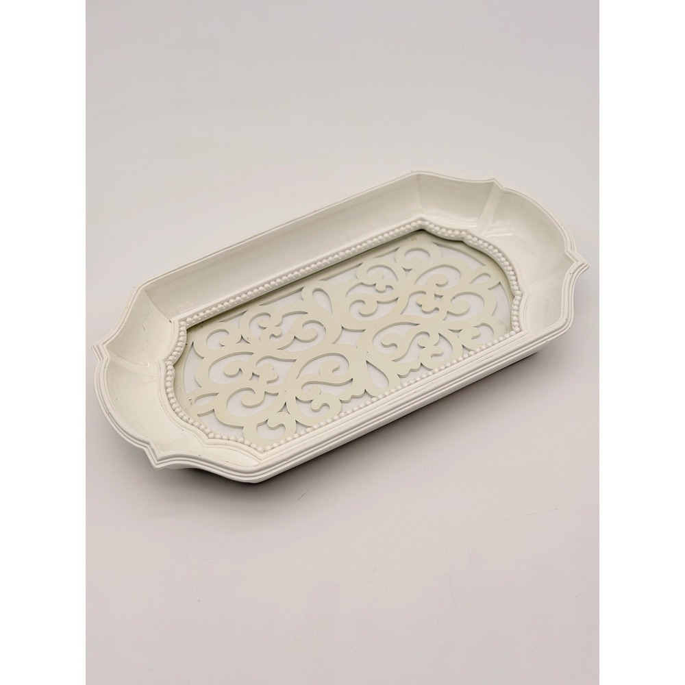 Cream White Metal Scrollwork Mirror Vanity‎ Tray Beaded Edge French Country 15in
